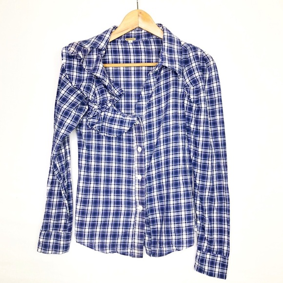 Johanna Ortiz Plaid blue and white ruffled button-down linen shirt - Picture 1 of 12